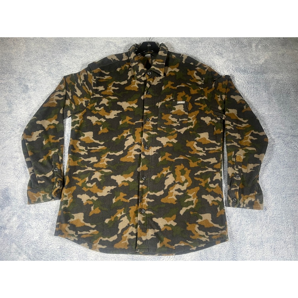 Eddie Bauer Mens Fleece Camo Button Up Shacket L Green Brown Long‎ Sleeve Pocket